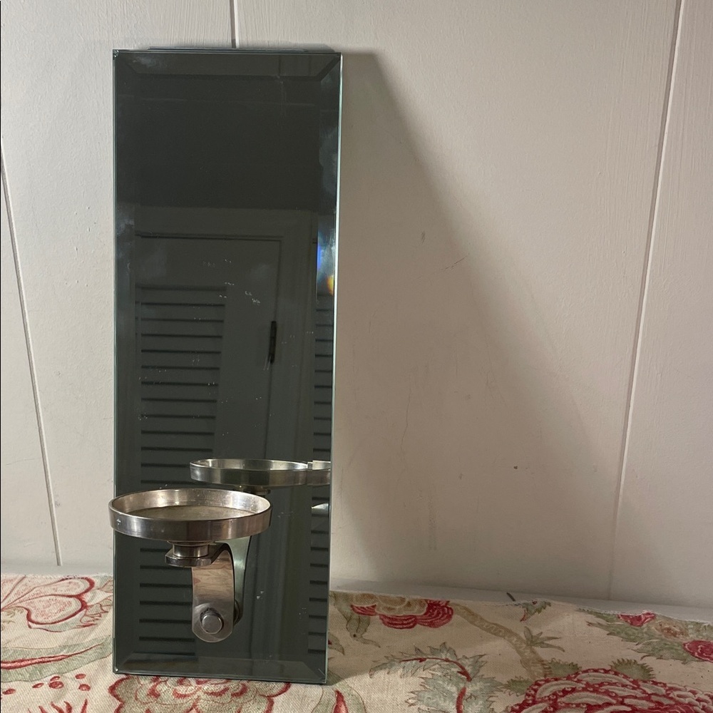 Modern Silver Wall Beveled Rectangular Mirror with Silver Hardware Candle Holder
